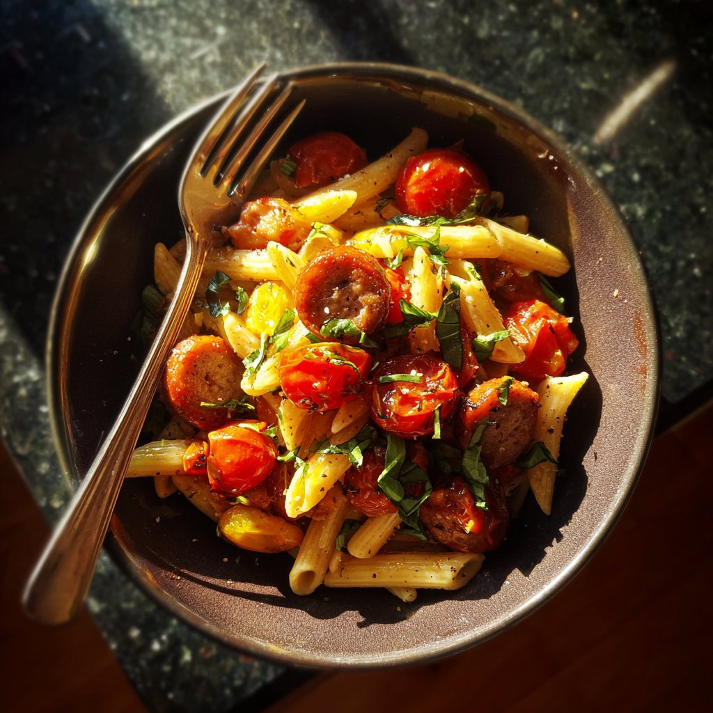 One Pot Cajun Sausage Pasta mit Kirschtomaten und Basilikum
