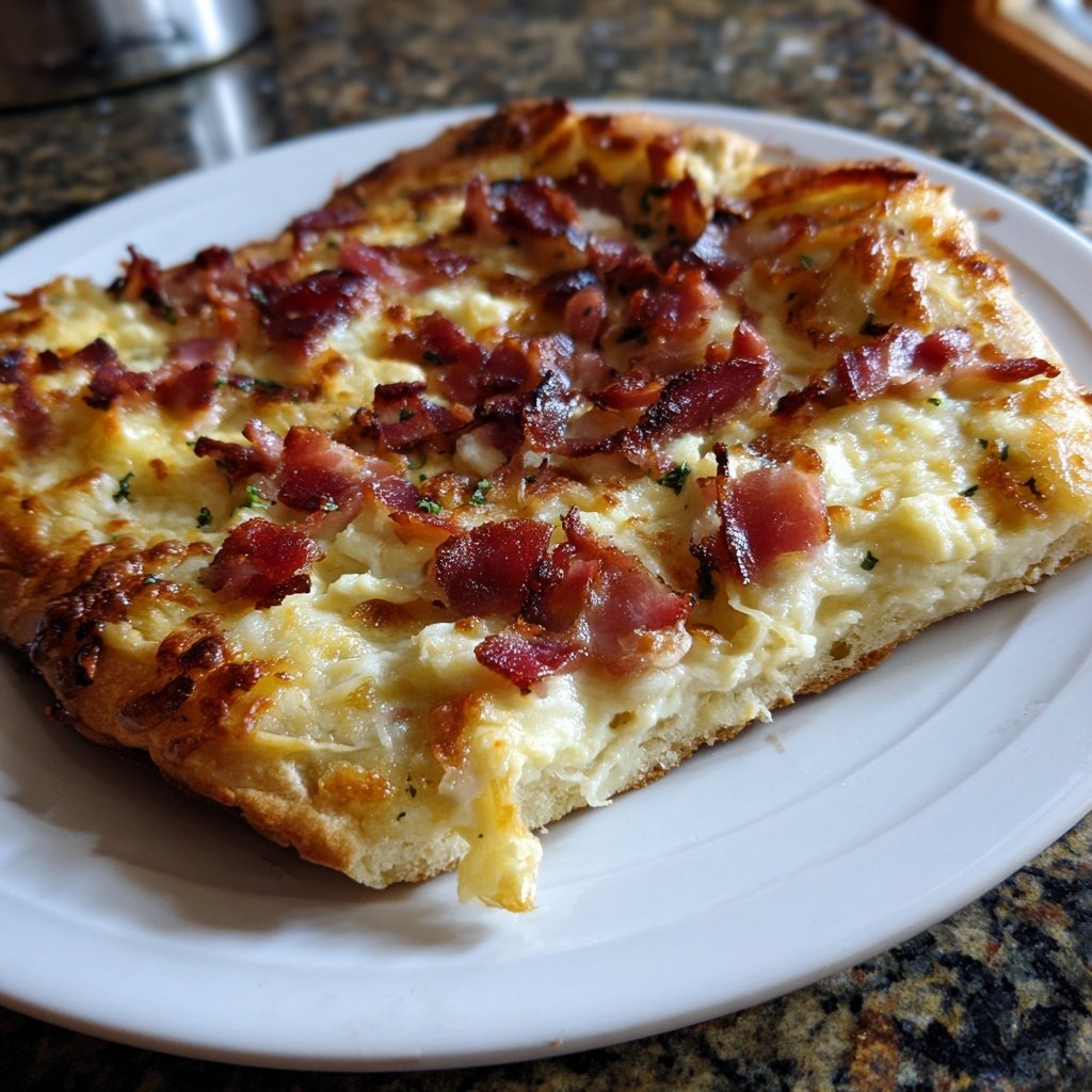 Flammkuchen-Raclette mit Speck, Zwiebeln und Crème fraîche​