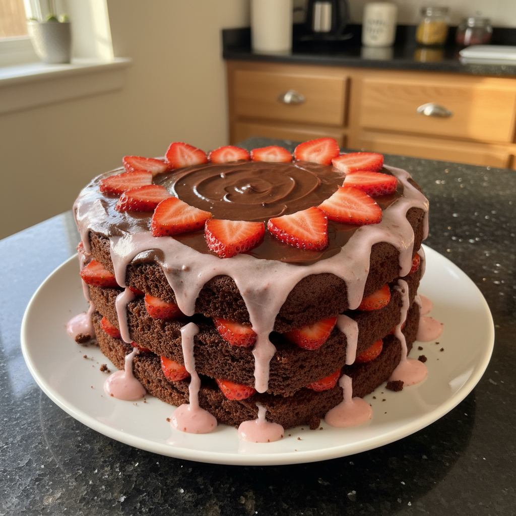 Herzförmiger Schokoladen und Erdbeer Kuchen