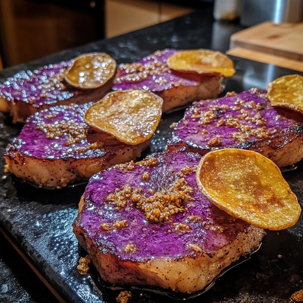 Rotkohl-Steaks mit Misobutter und Knoblauchchips